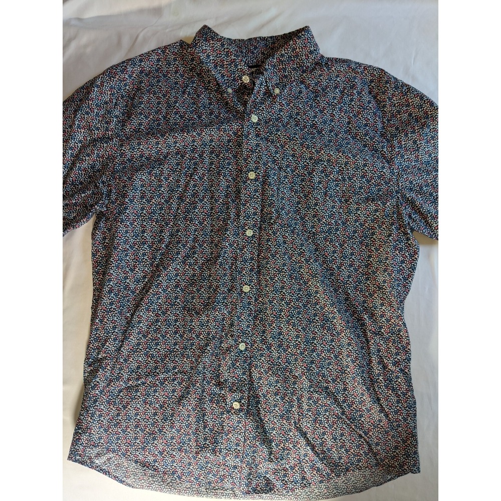Land's End Men's Button Front Shirt Size Large Flower Print 16-16.5 Short Sleeve